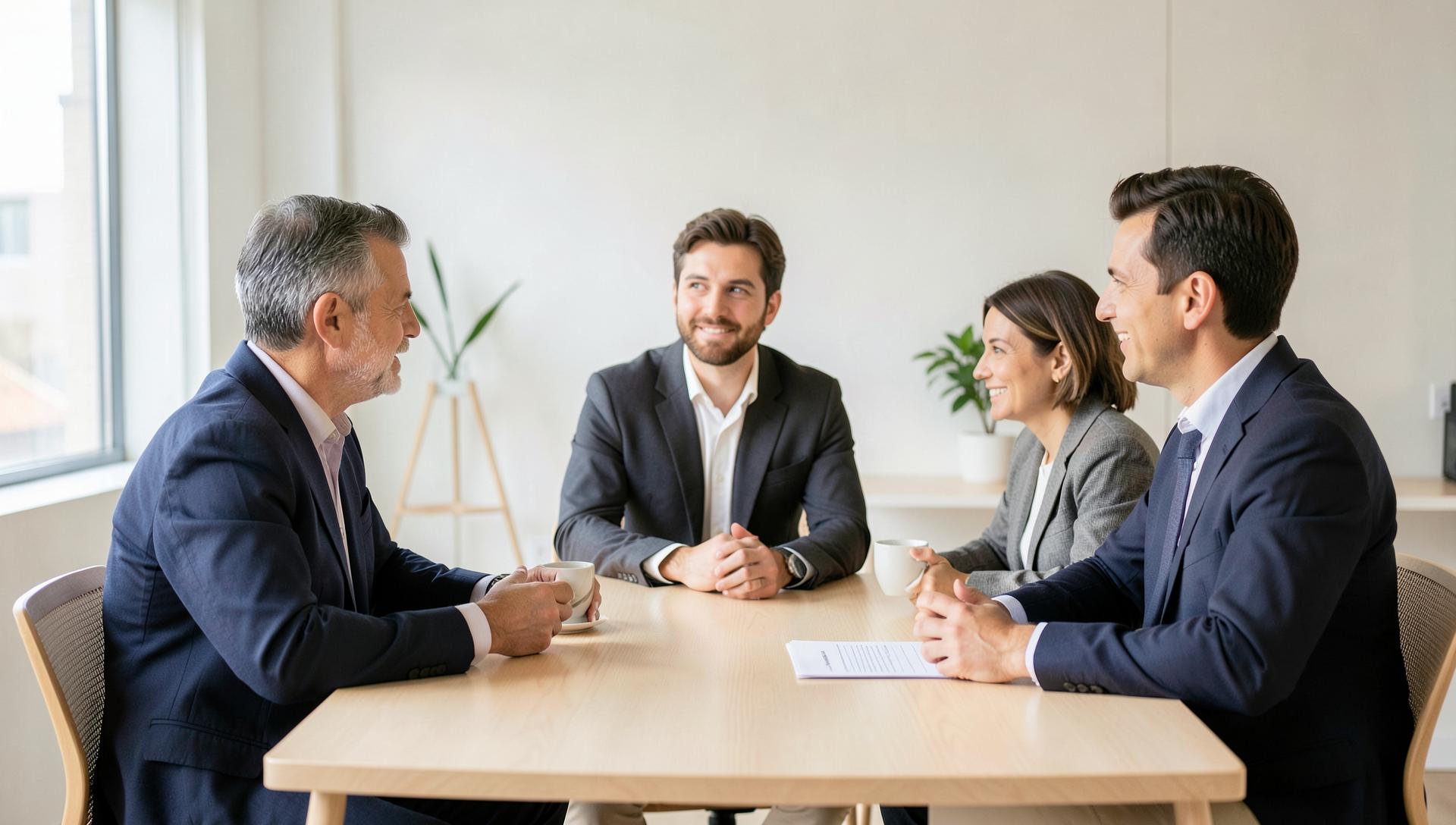 Gründerteam im Gespräch an einem Tisch bei warmem Abendlicht