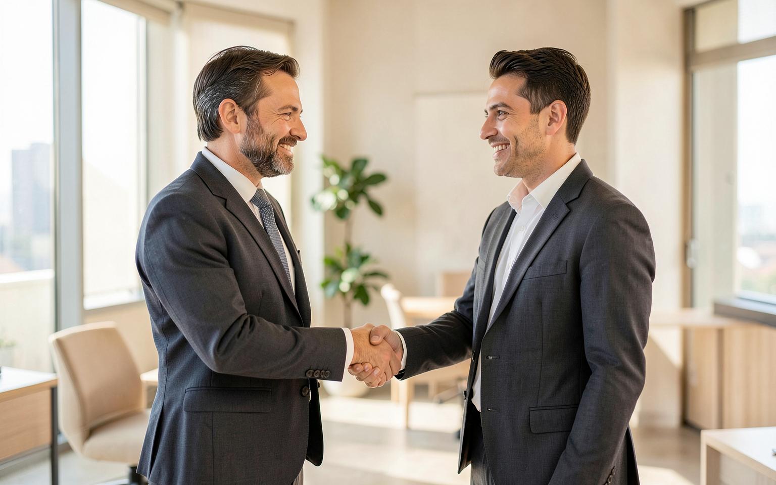 Zwei Geschäftspartner beim Handschlag in einem hellen Büro