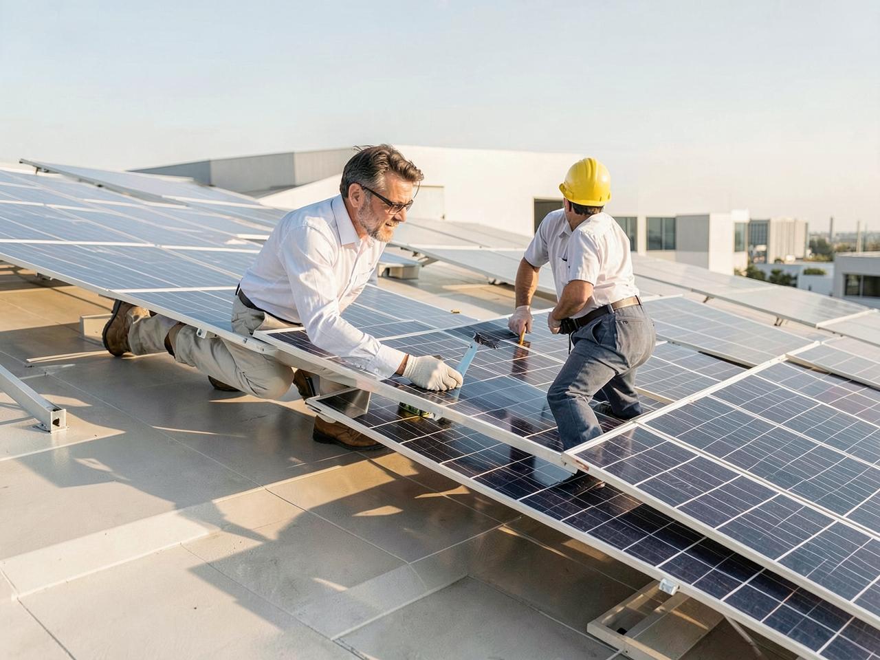 Solar- und Windenergieanlage in einer herbstlichen Berglandschaft
