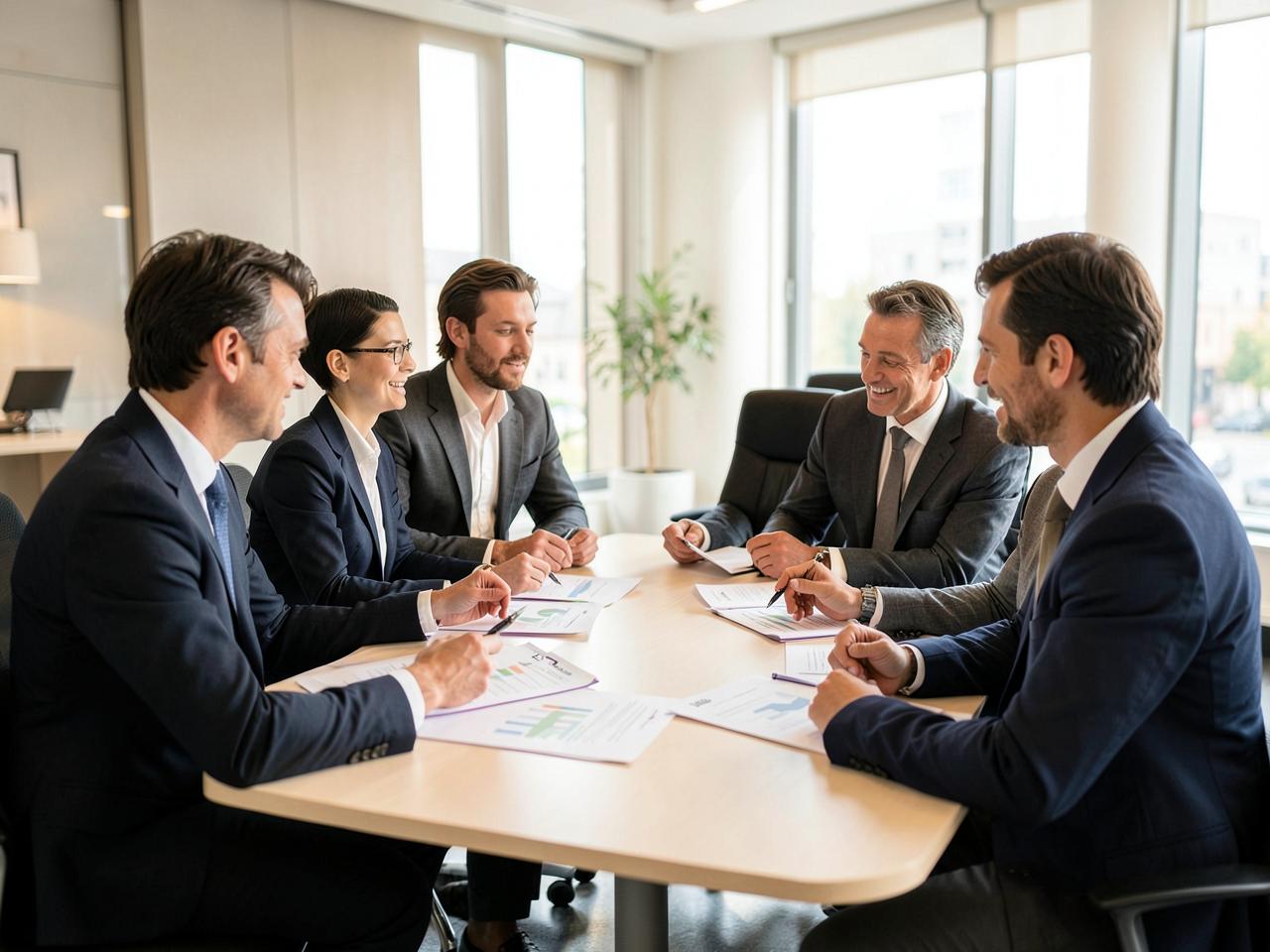Investoren besprechen Wachstumspläne in einem europäischen Büro